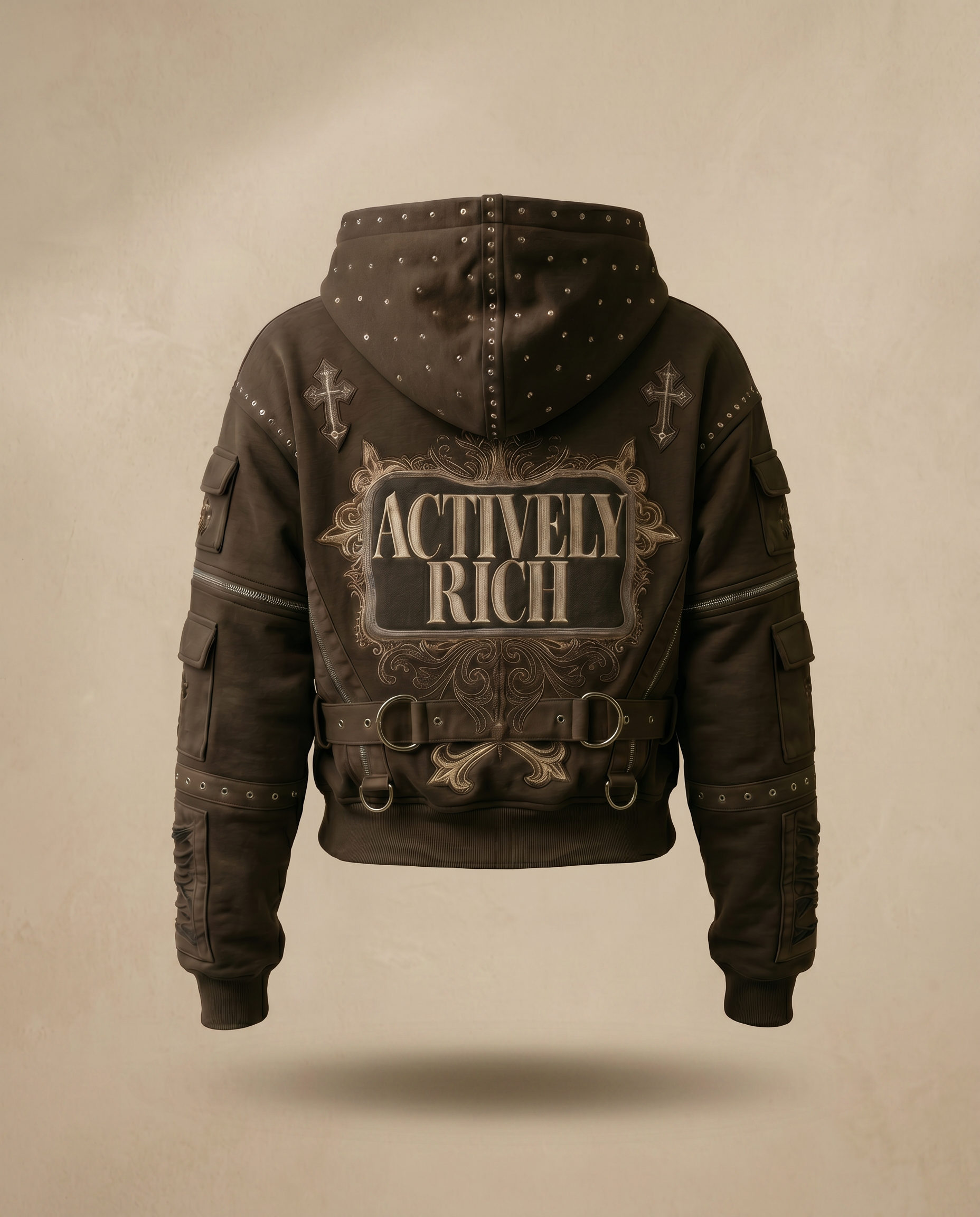 Actively Rich Ascension Noir luxury streetwear expresso brown hoodie back view floating product image featuring tonal embroidered logo, cross accents, and hardware detailing