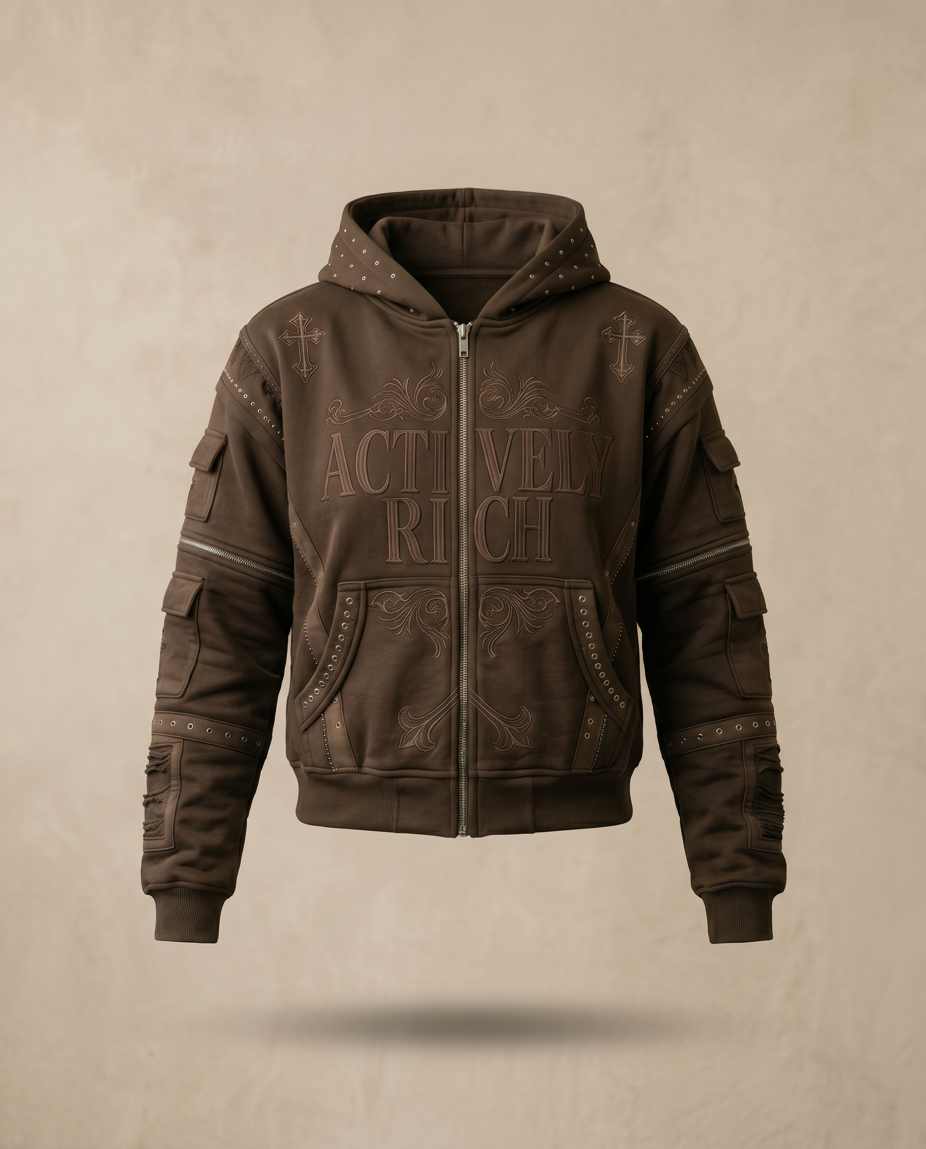 Actively Rich Ascension Noir luxury streetwear expresso brown hoodie front view floating product image showing tonal embossed logo, zipper closure, and studded detailing