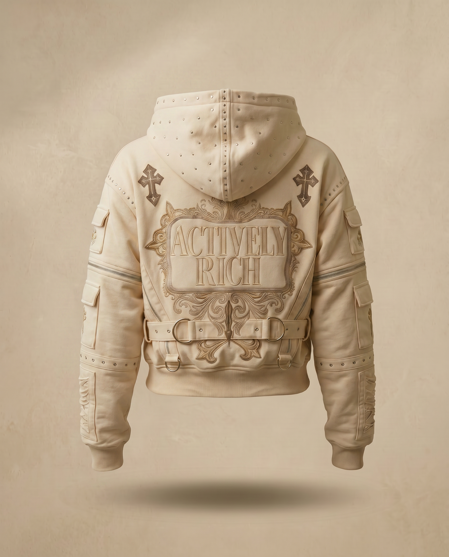 Actively Rich Ascension Noir luxury streetwear ivory cream hoodie back view floating product image showcasing embroidered logo, cross detailing, and premium construction