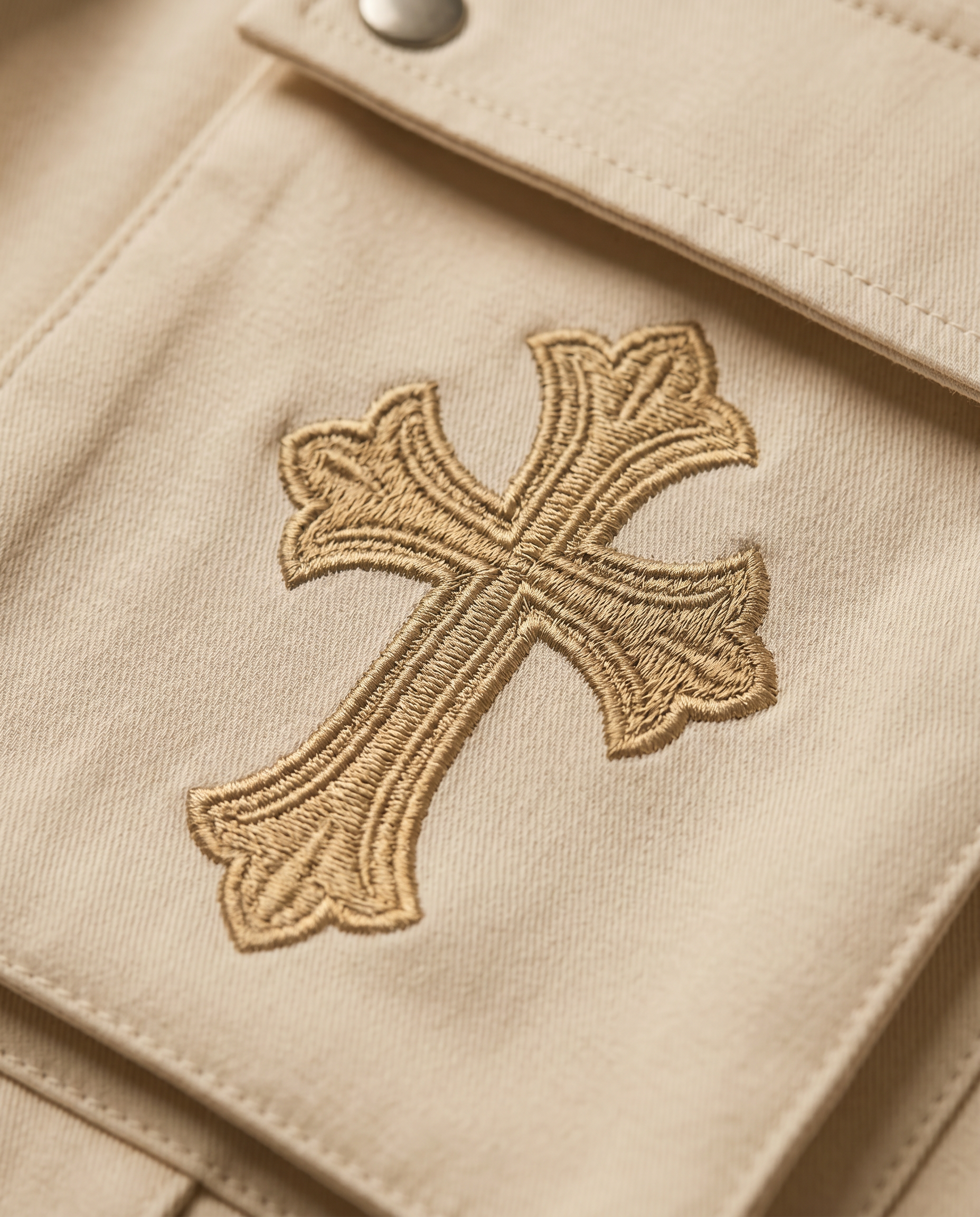 Actively Rich Ascension Noir ivory cream cargo pants cross embroidery highlighting premium stitching and luxury streetwear craftsmanship.