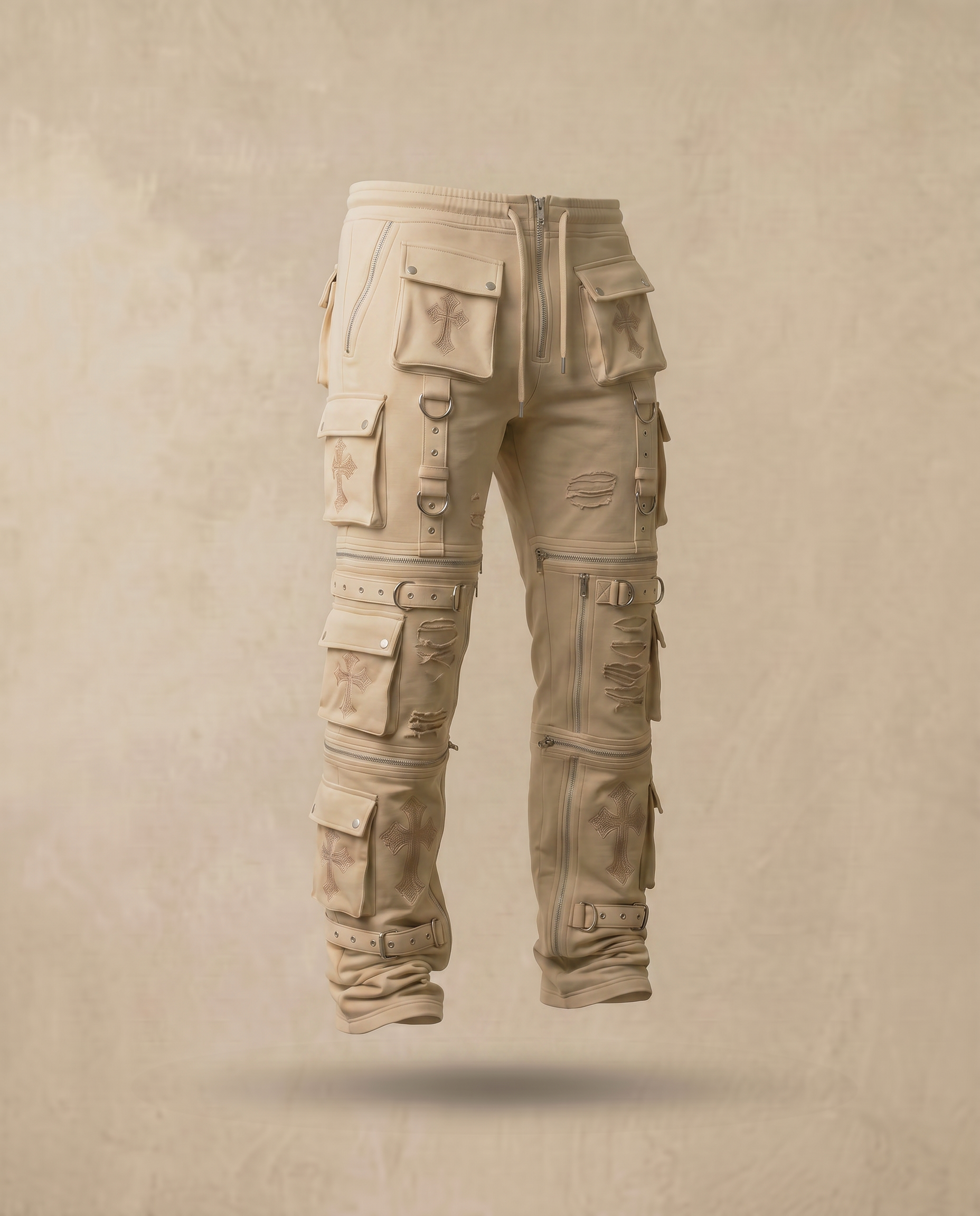 Actively Rich Ascension Noir ivory cream cargo pants side view with multi-pocket utility design and luxury streetwear detailing.