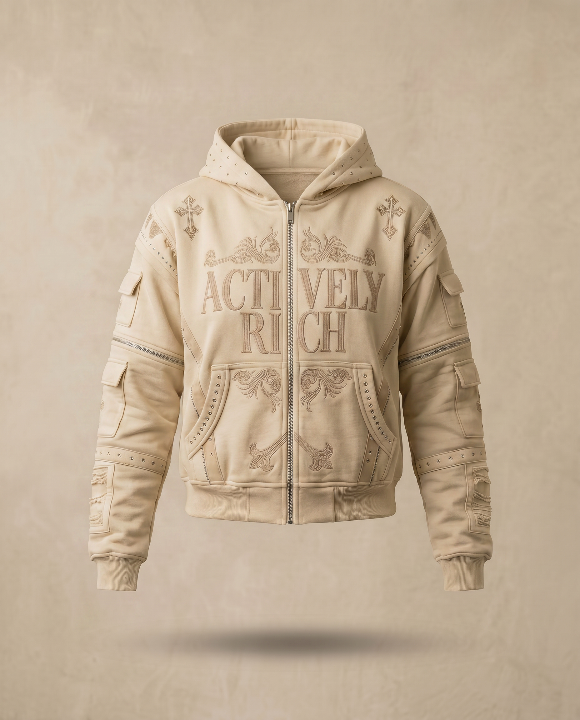 Actively Rich Ascension Noir luxury streetwear ivory cream hoodie front view floating product image featuring tonal logo cross accents, and premium hardware detailing