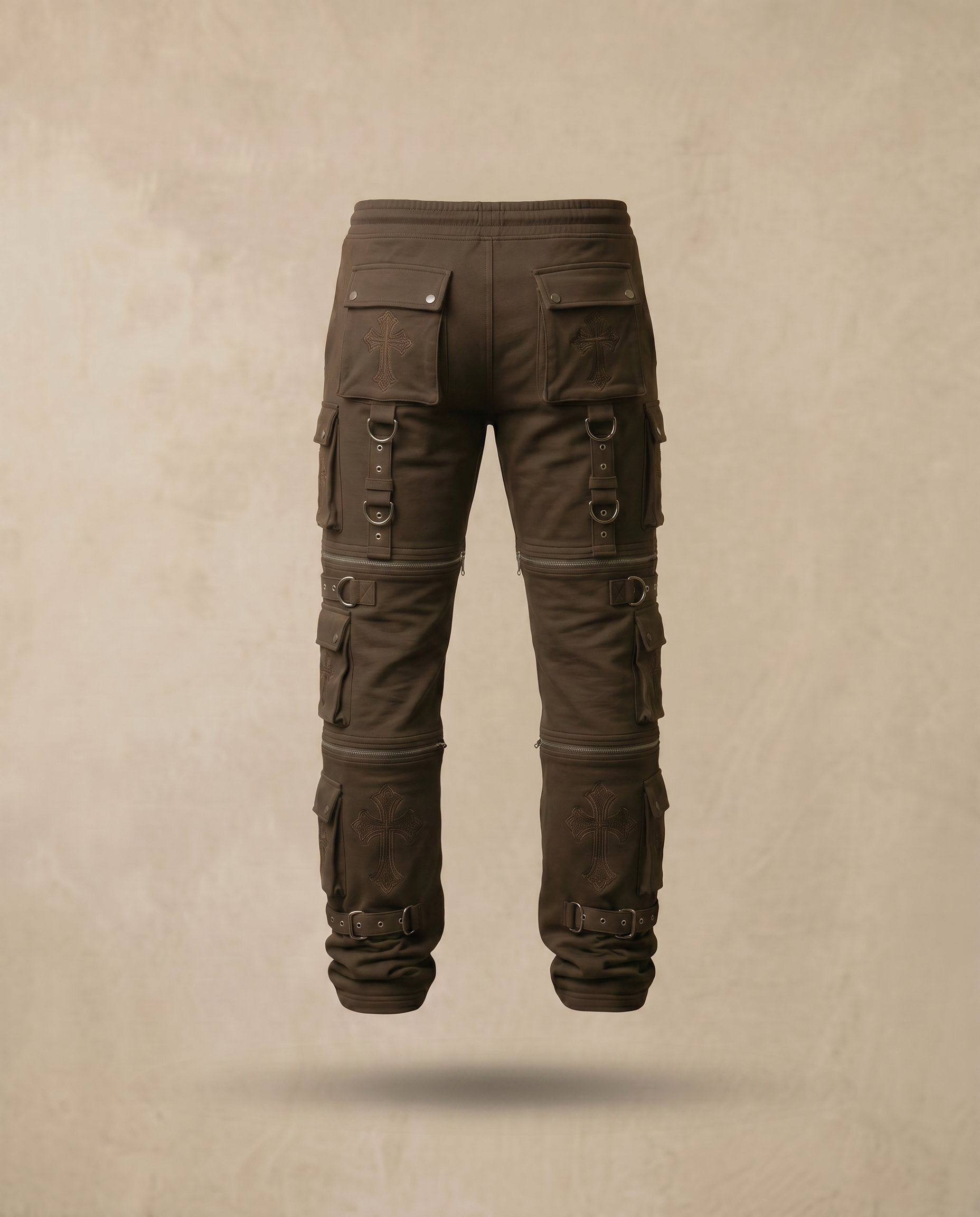 Actively Rich Ascension Noir expresso brown cargo pants back view with multi pocket utility design straps and premium streetwear construction.