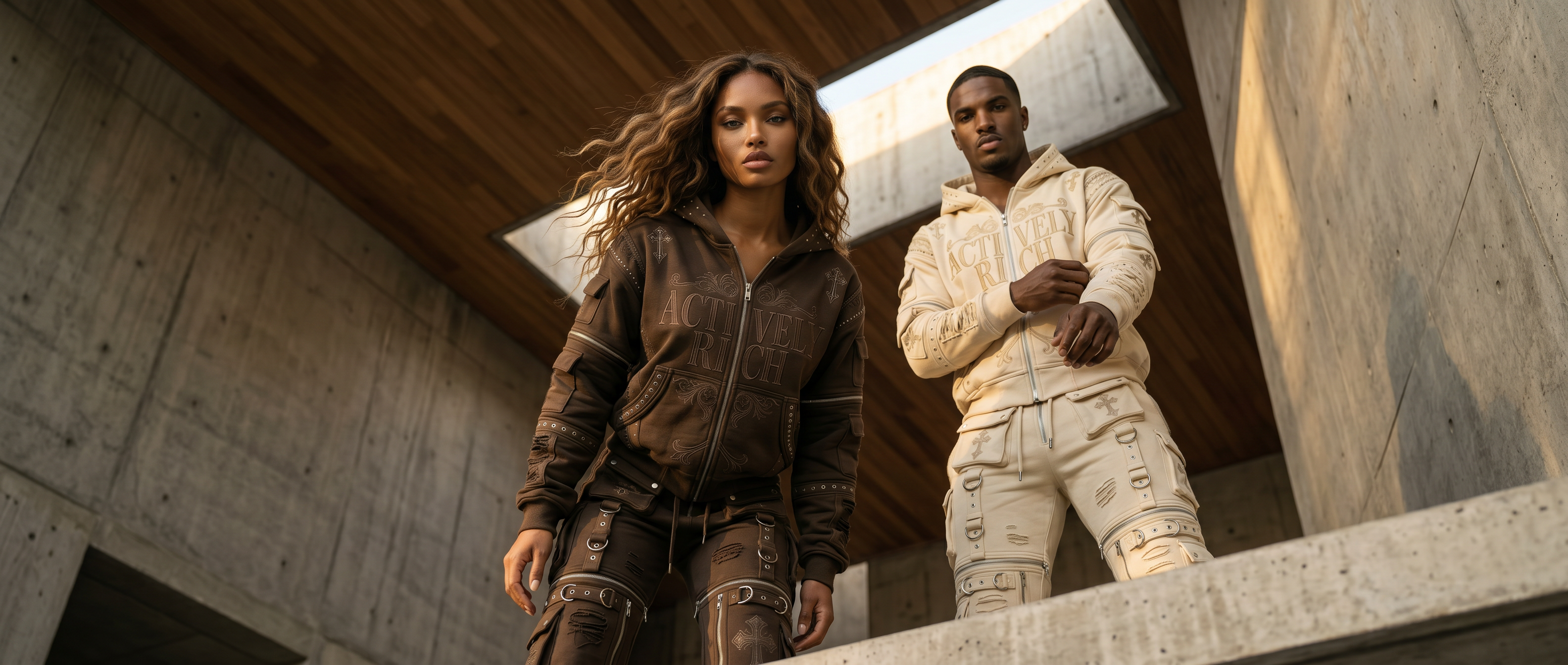 Actively Rich Ascension Noir luxury streetwear set featuring male and female models in expresso brown and ivory cream outfits in a modern architectural setting.
