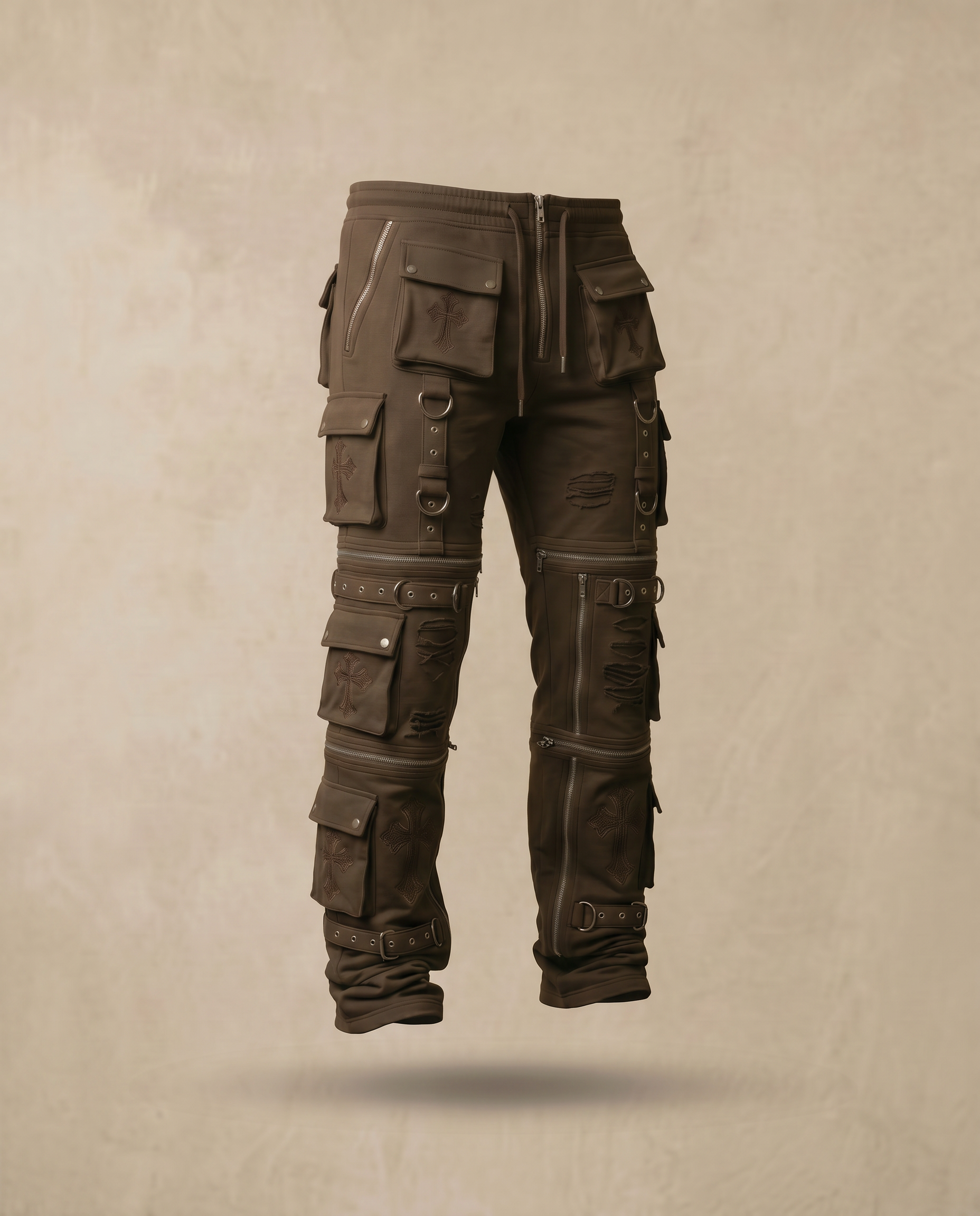 Actively Rich Ascension Noir expresso brown cargo pants side view with multi-pocket utility design and luxury streetwear detailing.
