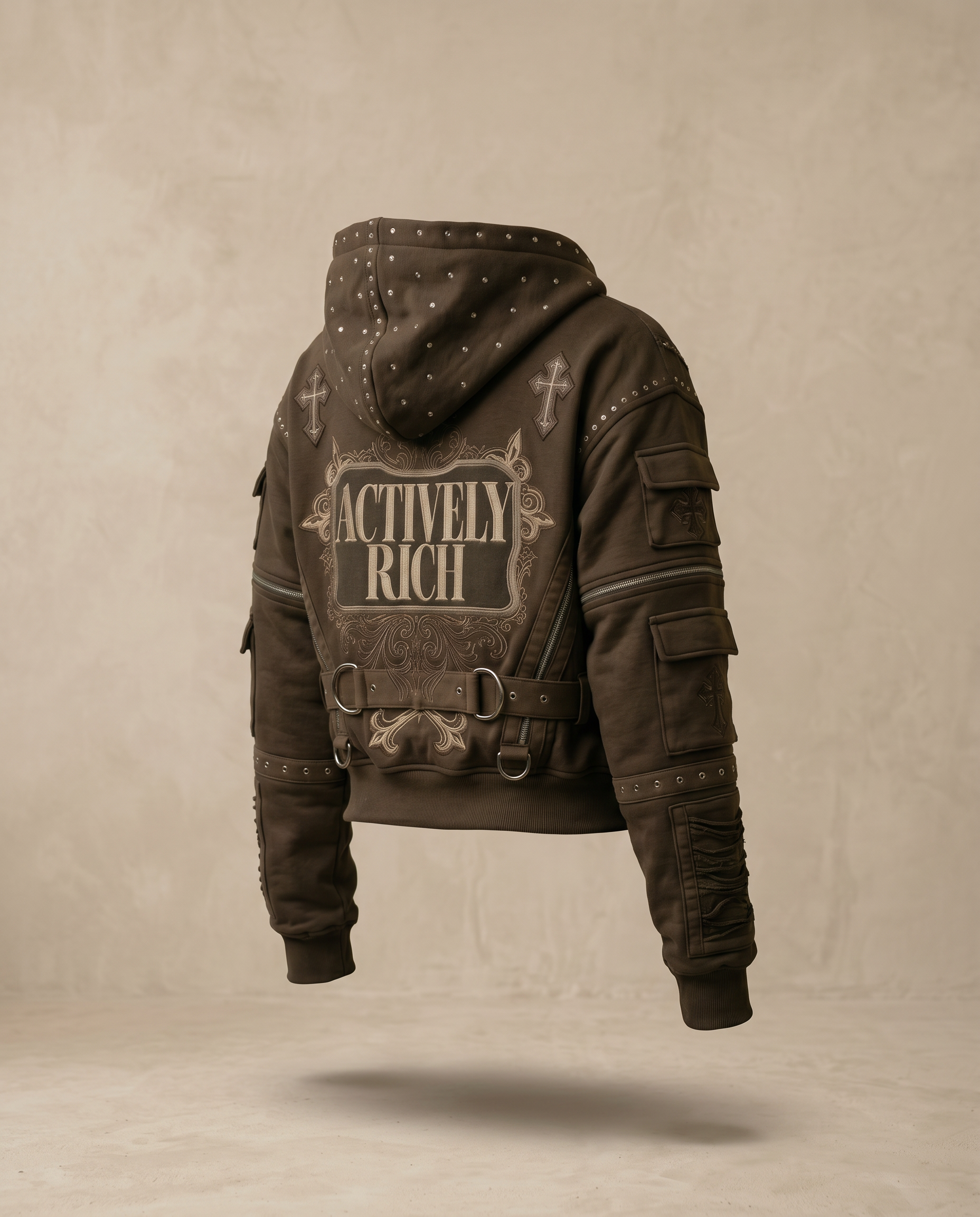 Actively Rich Ascension Noir luxury streetwear expresso brown hoodie back view floating product image showing embroidered logo, cross accents, and hardware details