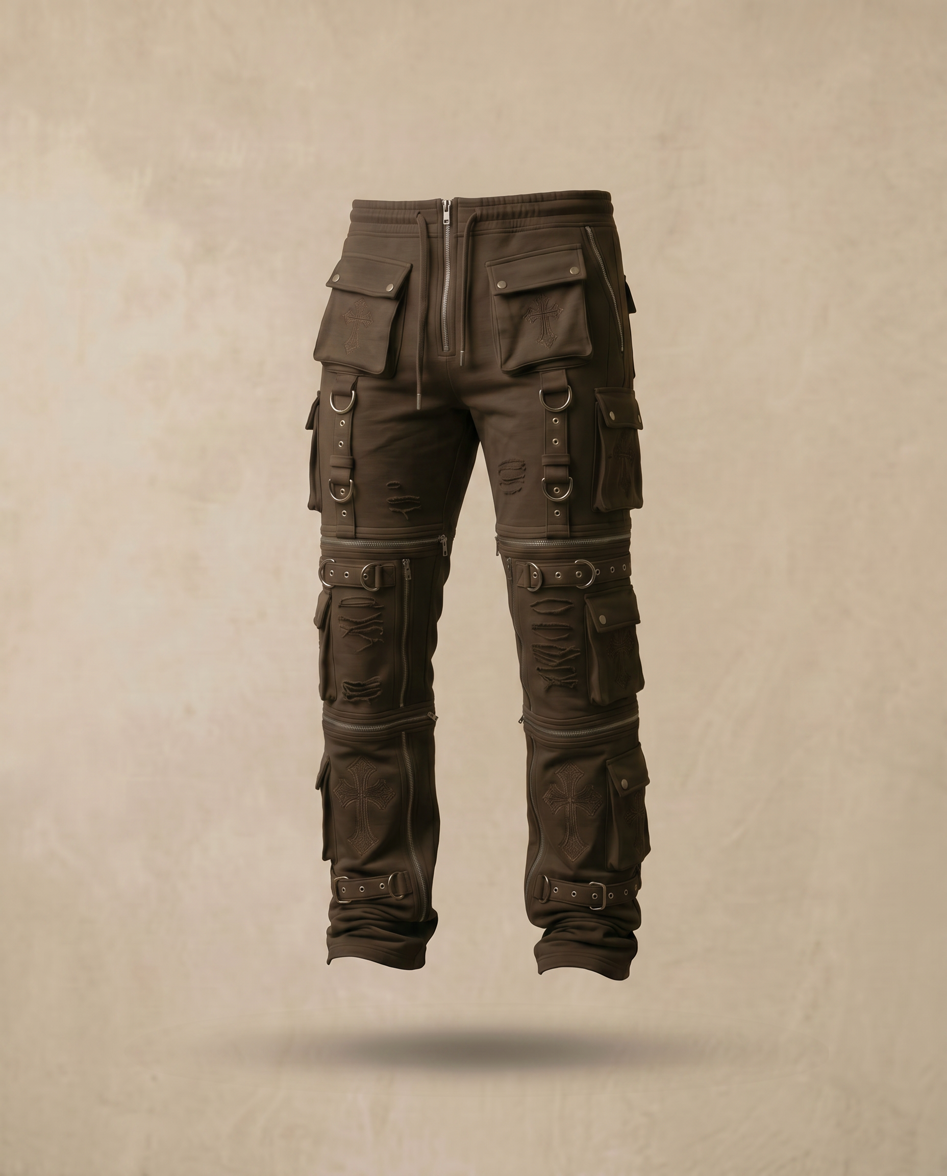 Actively Rich Ascension Noir expresso brown cargo pants 3/4 view featuring multi pocket utility design straps and luxury streetwear construction.