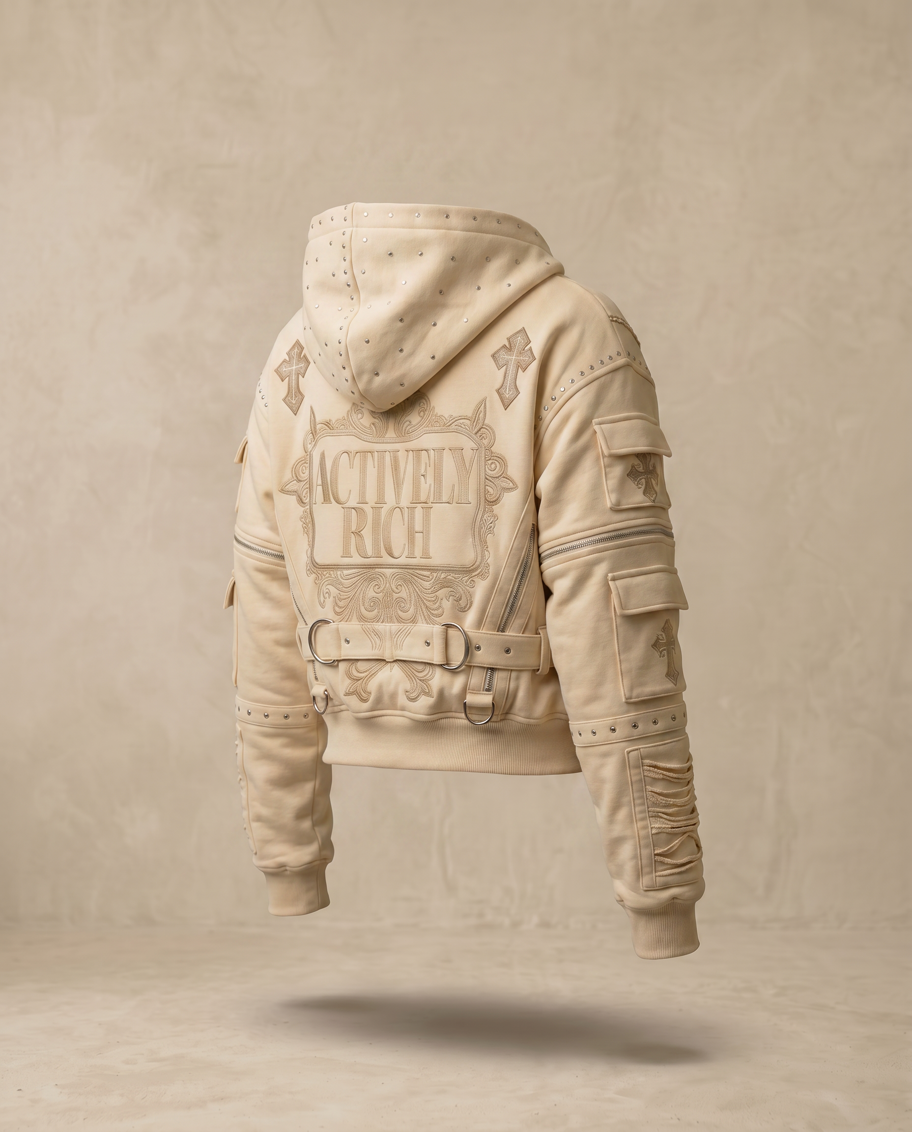 Actively Rich Ascension Noir luxury streetwear hoodie ivory cream hoodie back view floating product image featuring tonal embroidered logo, cross accents, and hardware detailing