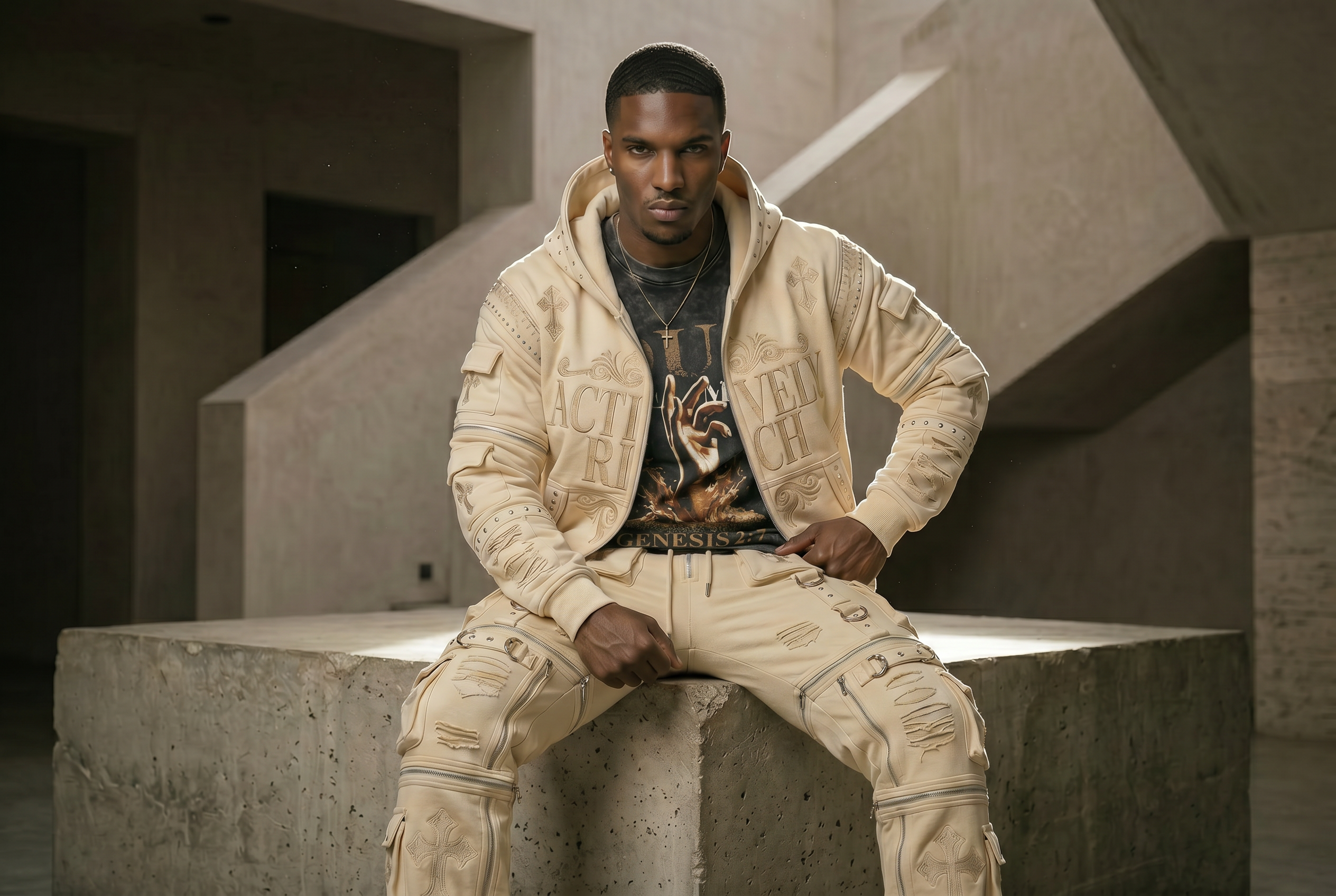 Actively Rich Ascension Noir ivory cream streetwear set with black vintage acid wash out the mud graphic tee worn by male model in a modern architectural environment.