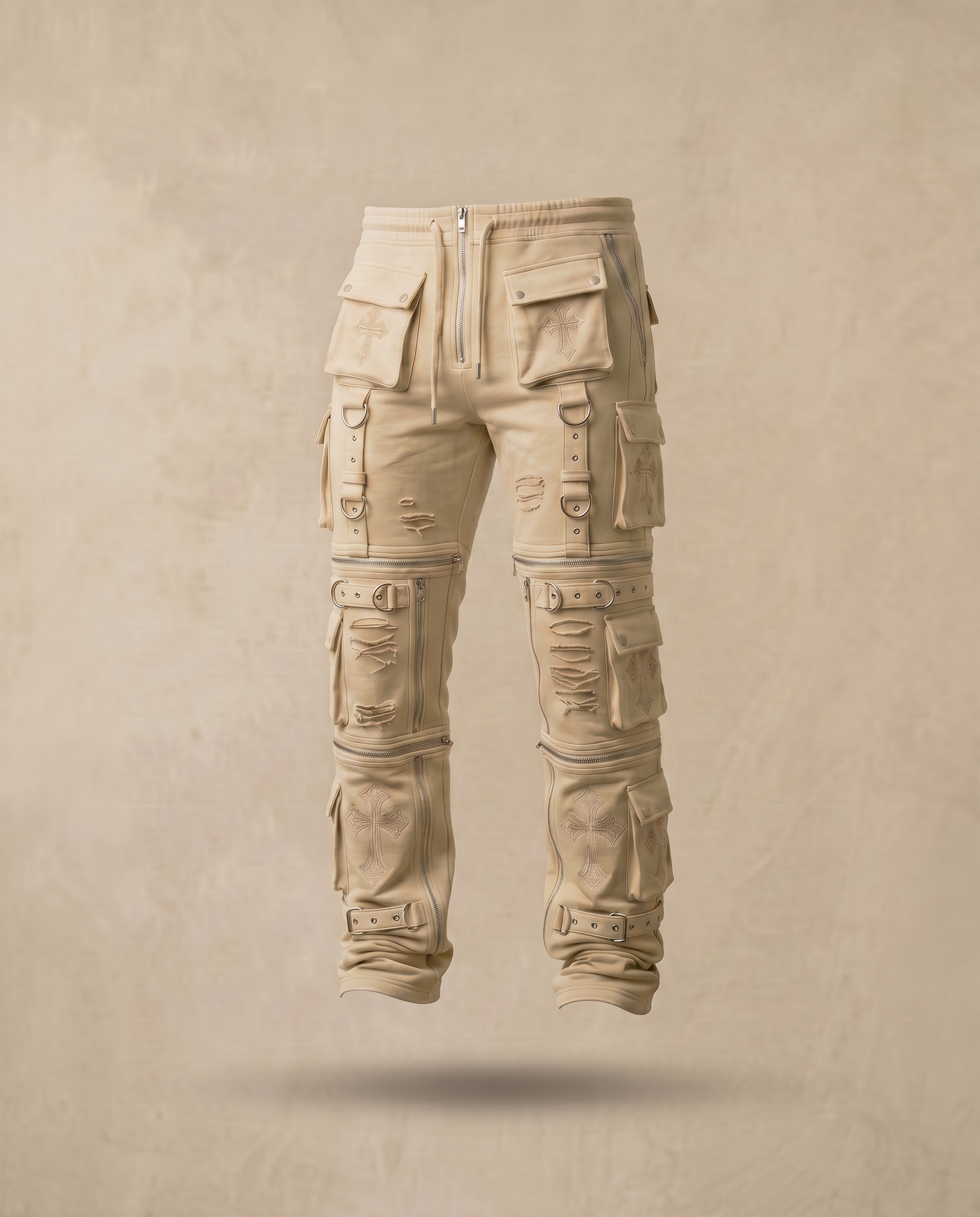 Actively Rich Ascension Noir ivory cream cargo pants 3/4 view featuring multi pocket utility design straps and luxury streetwear construction.