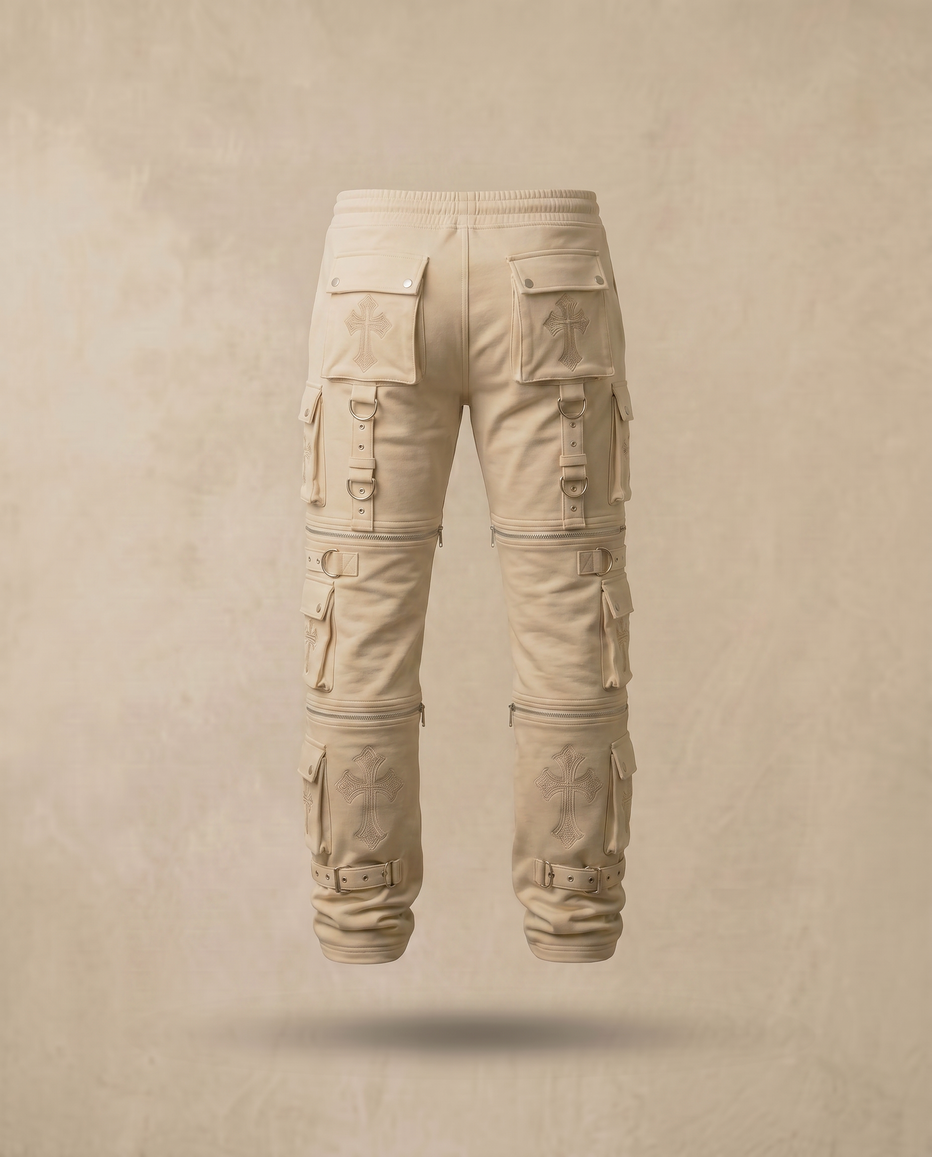 Actively Rich Ascension Noir ivory cream cargo pants back view with multi pocket utility design straps and premium streetwear construction.